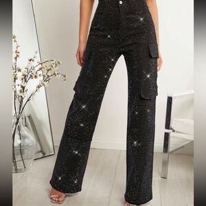 SHEIN Mid Waist Black Rhinestone Straight Leg Casual Cargo Jeans